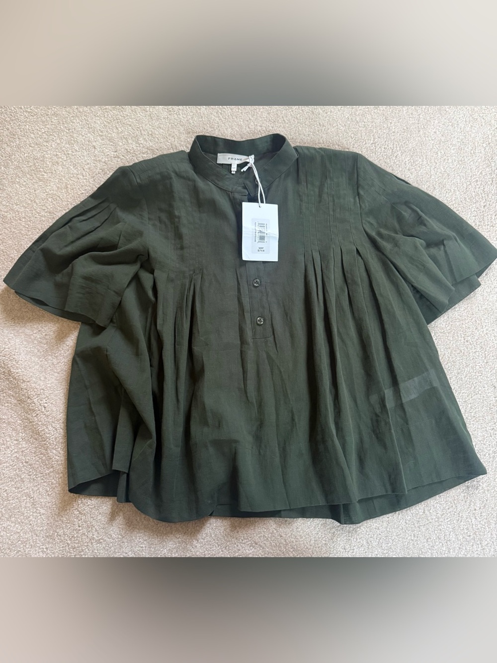 FRAME Dark Green Short-Sleeve Pintucked Button-Front Top - Picture 6 of 10